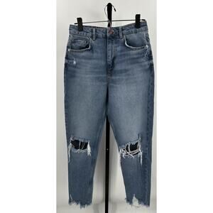 Zara Womens Distressed Ripped Mom Jeans Blue Size 6 EUR38 High Rise Frayed Hem